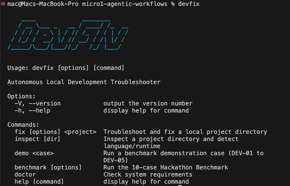 DevFix CLI Help Menu
